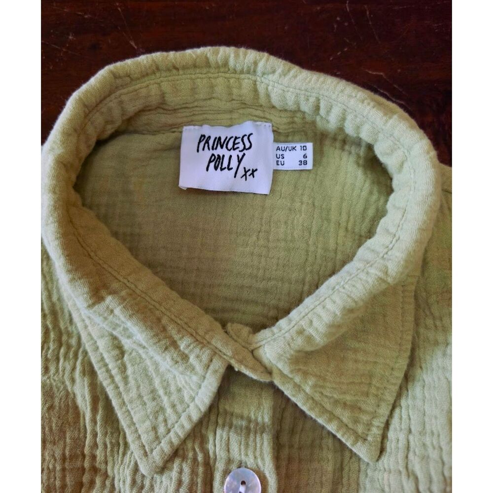 Princess Polly Sage Green Gauze Cotton Long Sleeve Button Down Oversize Shirt si